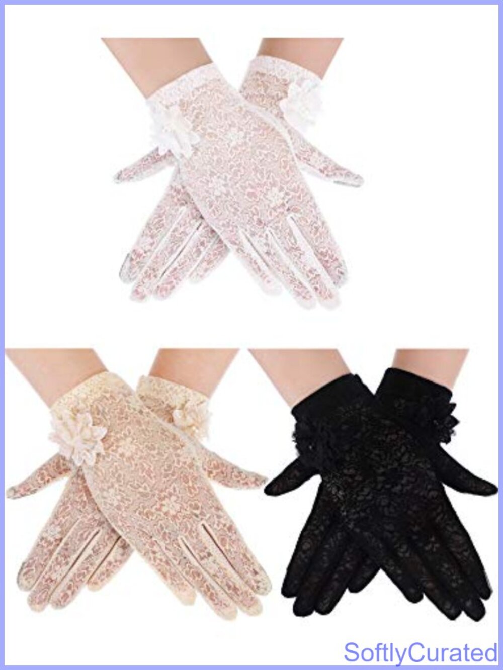 Lace Gloves for Women Short Floral Scalloped Cuff 3 Pairs